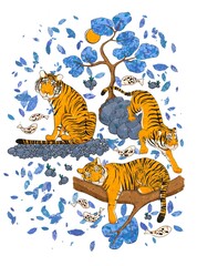 Tigers in Japanese nature landscape. Illustration isolated on a white background.