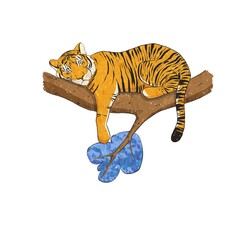 Tiger sleeps on a branch. Illustration isolated on a white background. 