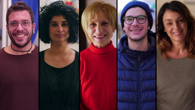 multiscreen of young happy people smiling looking at camera
