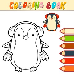 Coloring book or page for kids. Christmas penguin black and white  illustration