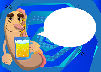 Hot Dog drinking beer. American fast food as a cartoon character with face.