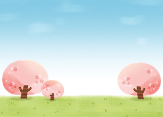 Spring landscape illustration with cherry blossom trees and blue sky. Picture book style background.
