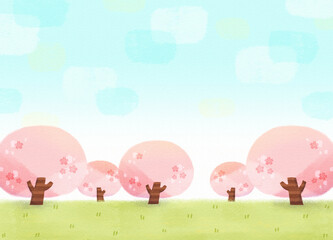 Spring landscape illustration with cherry blossom trees and blue sky. Picture book style background.