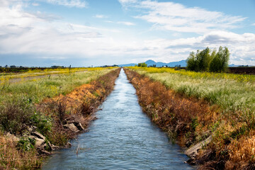 An agricultural landscape of an irrigation canal passing through Northern California rice fields with mountains in the background.