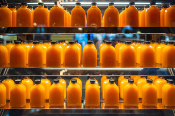 A lot of orange juice in bottles on shelves for sale in a supermarket