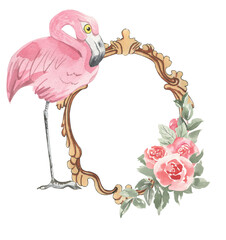 Watercolor vintage frame with flamingos and a bouquet of roses