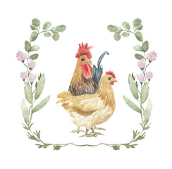 Watercolor illustration of a rooster and a hen in a field plant frame