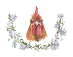 Watercolor illustration of a rooster in a bouquet of wild flowers