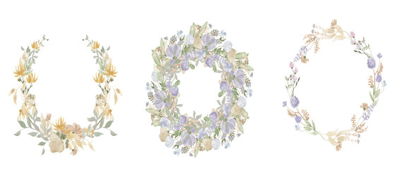 Watercolor wildflowers in round wreaths