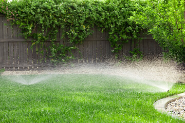 Sprinklers watering grass, green lawn in garden - obrazy, fototapety, plakaty