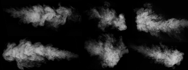 A set of six different types of swirling, wriggling smoke, vapor isolated on a black background for...