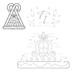 Dot to dot Christmas puzzle for children. Connect dots game. Christmas Gingerbread house  illustration