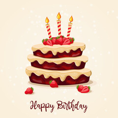 Birthday card. Chocolate cake with light cream, strawberries and three candles on a light background. Vector illustration.