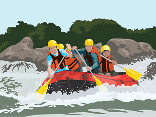 Rafting Team Adventure in the River illustration graphic vector - obrazy, fototapety, plakaty