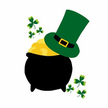 Vector illustration of a pot of gold and a hat. St. Patrick's Day card with a pot of gold.