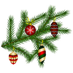 Obraz na płótnie Canvas Fir branch, decorated with cones and various toys. Vector illustration