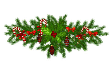 Christmas garland with fir branches, decorated with cones and various toys, candy canes. Vector illustration