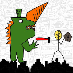 Hero fighting dinosaur davil with maze background