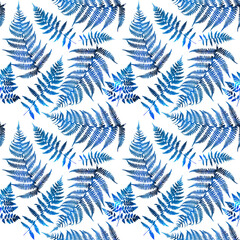 Seamless pattern with leaves. Watercolor illustration of a seamless fern pattern. Decorative background of leaves and branches of a shrub of a polypodiophyte plant.