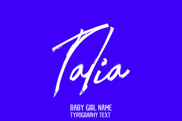 Talia Girl Baby Name in Stylish Cursive Calligraphy Lettering Sign on Blue Background - obrazy, fototapety, plakaty