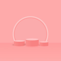 Round pink podium.room in pastel colors with geometric interior. 3d rendering