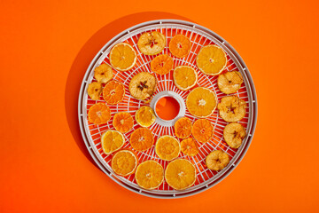 Dried apples, lemon and orange on the frame for drying