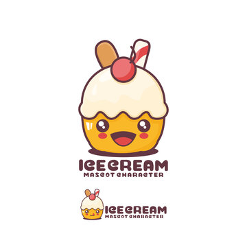 vector ice cream cartoon mascot, with a happy expression, suitable for, logos, prints, stickers, etc