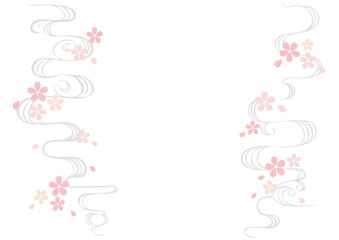 桜と手描きの銀色の流水模様、桜小さめ、背景白