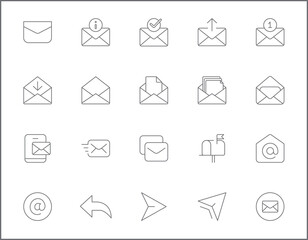 Set of mail and letter icons line style. It contains such Icons as Envelope, e-mail, Mailbox, essential, contact, newsletter, subscribe and other elements.