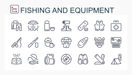 A set of vector illustrations, icons from a thin line. Equipment for fishing, traveling and camping.