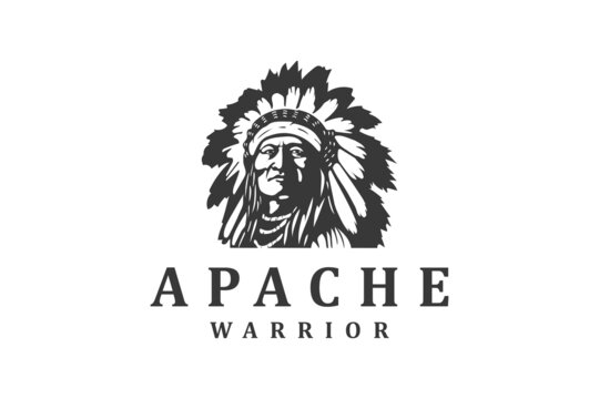 apache warrior face indian ethnic with feather chief, western vintage logo design