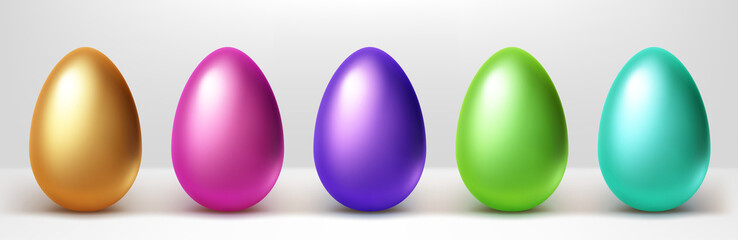Colorful Easter eggs row, isolated gold, pink, purple, green and blue 3d vector objects on white background. Painted shiny chicken eggs, holiday decorative design elements, Realistic illustration, set