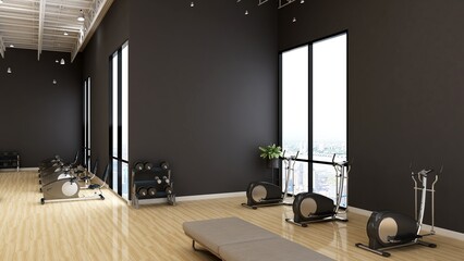 blank wall in modern gym interior with wooden floor