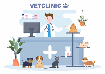 Veterinary Clinic Doctor Examining, Vaccination and Health care for Pets Like Dogs and Cats in Flat Cartoon Background Vector Illustration for Poster or Banner