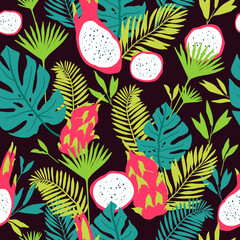 Seamless pattern with tropical spirit. Jungle leaves and palms. Vector illustration.