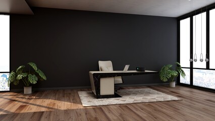 modern business office manager room with 3d design interior for company wall logo mockup