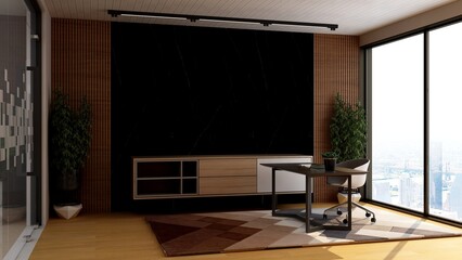 modern business office manager room with 3d design interior for company wall logo mockup