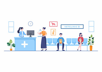 Veterinary Clinic Doctor Examining, Vaccination and Health care for Pets Like Dogs and Cats in Flat Cartoon Background Vector Illustration for Poster or Banner