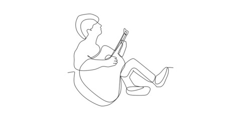 continuous line drawing of sitting guitarist playing guitar. Musical home wall decor art poster print concept. Modern one line draw design vector illustration