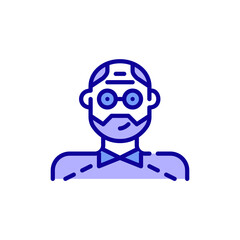 Older adult avatar. Grandfather with beard wearing glasses. Pixel perfect, editable stroke color icon