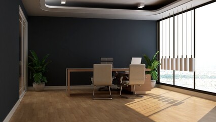 modern business office manager room with 3d design interior for company wall logo mockup