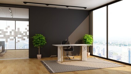 modern business office manager room with 3d design interior for company wall logo mockup