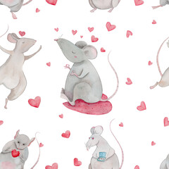 Seamless watercolor pattern. Cute mice and rats in love 
in different poses