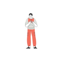 The concept of reading day. People hold a book in their hands. Human character on white background. Flat design style minimal vector illustration.