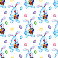 Watercolor illustration of a pattern of an egg and an Easter bunny holding a basket in its paws. Seamless repeat print funny cartoon bunny in blue and with a big nose. Isolated on white background.