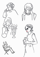 カフェ　人の線画イラスト