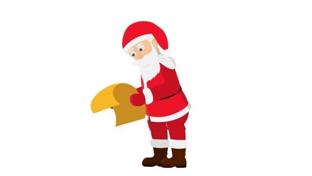 Santa Claus with a wish list. Animation reading the wish list, alpha channel is enabled. Cartoon