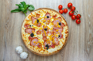 pizza with ham chesse onion corn and truffles