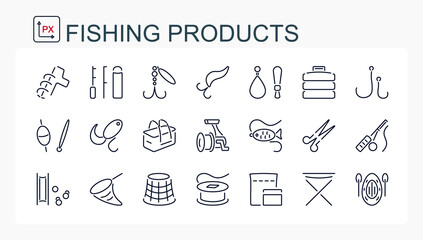 A set of vector illustrations, icons from a thin line. Equipment and goods for fishing, traveling and camping.