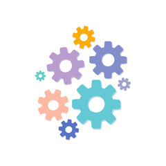 Gear 3d. Mechanism settings in business, team work together. The concept of cooperation or partnership. Joint work process, engine progress. Multi-colored gears of one mechanism. One whole. Vector 